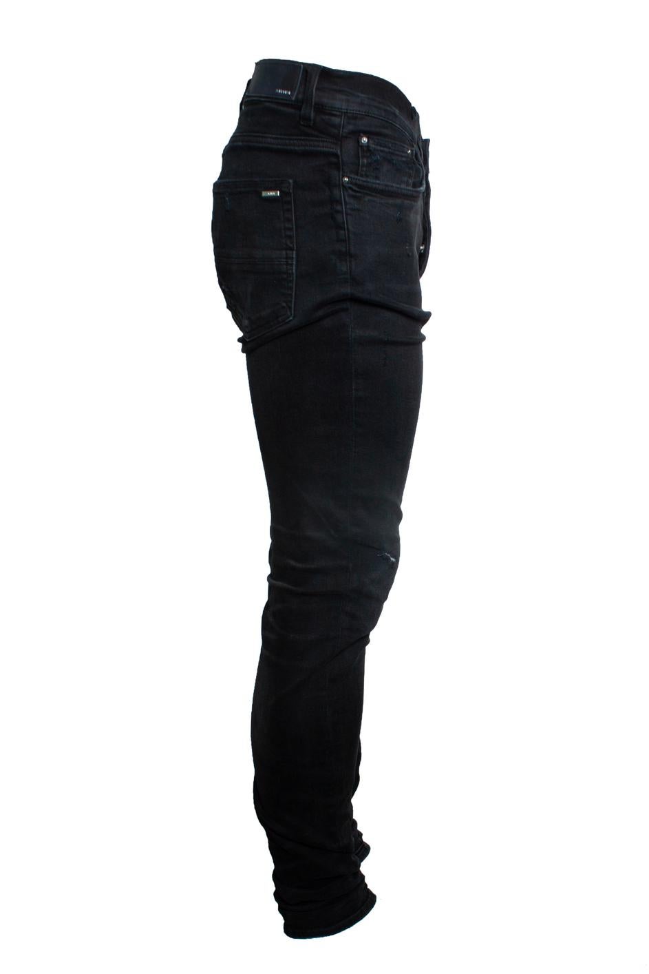 Black Amiri, black distressed jeans For Sale