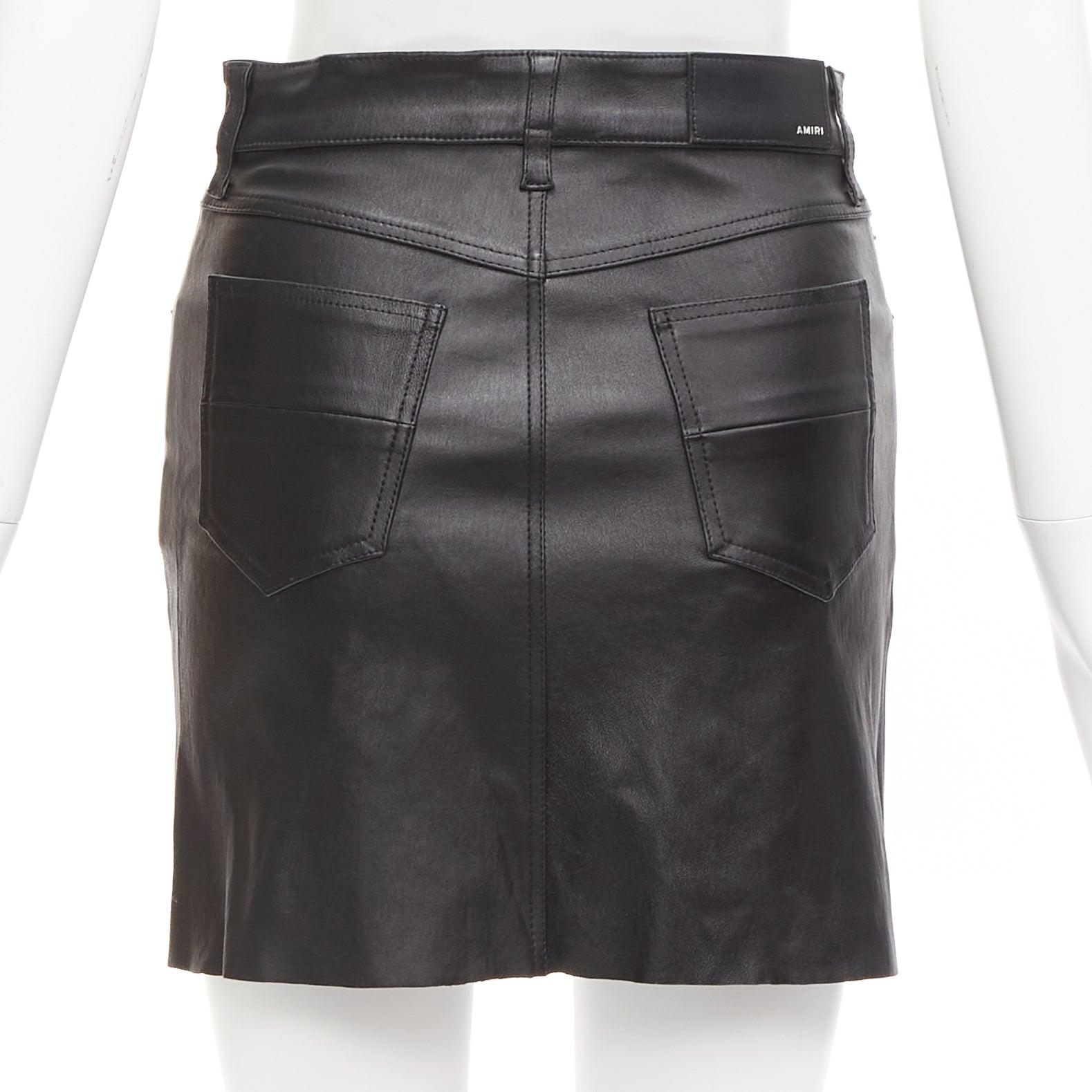 AMIRI black genuine leather high low back pockets mini skirt US0 XS For Sale 1