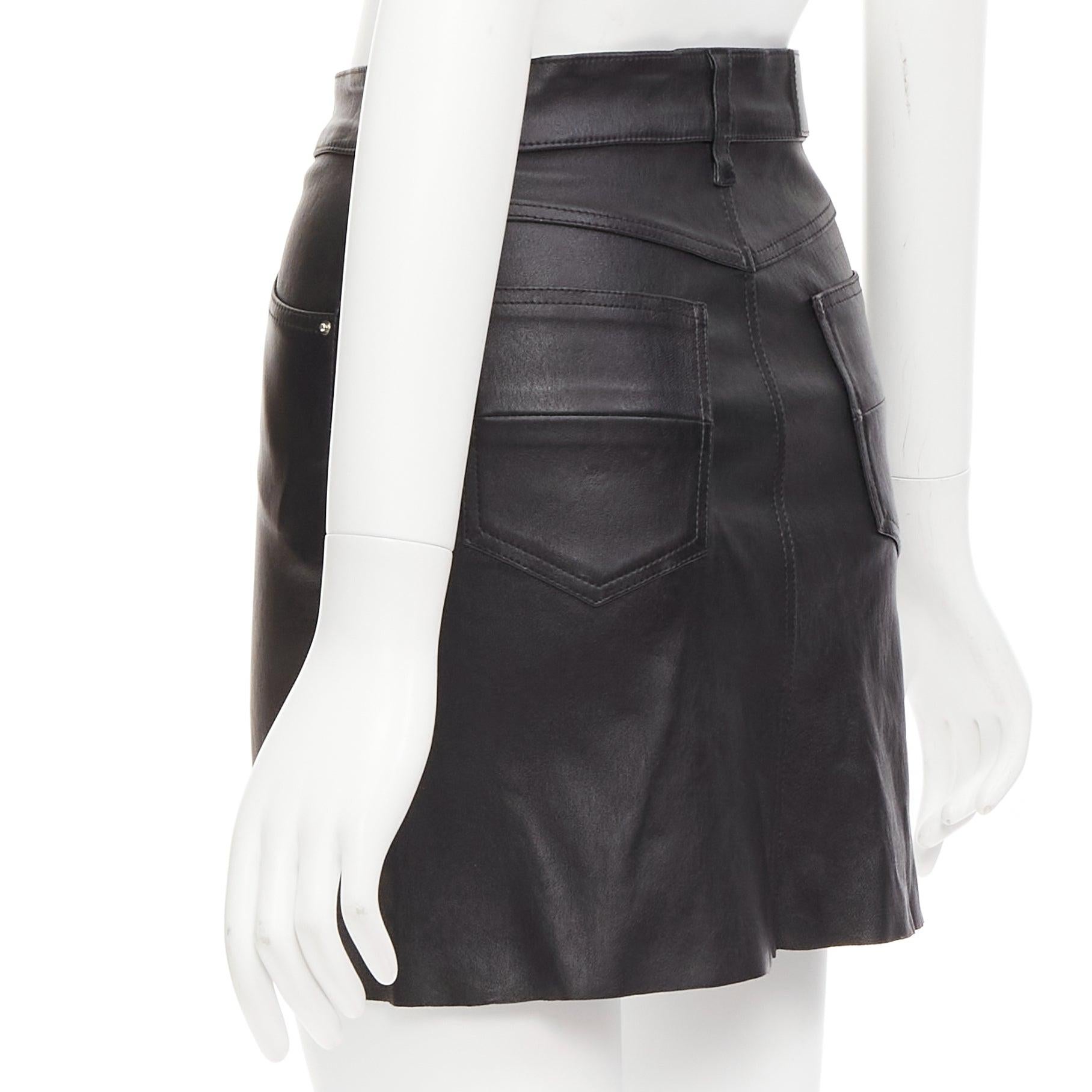 AMIRI black genuine leather high low back pockets mini skirt US0 XS For Sale 1