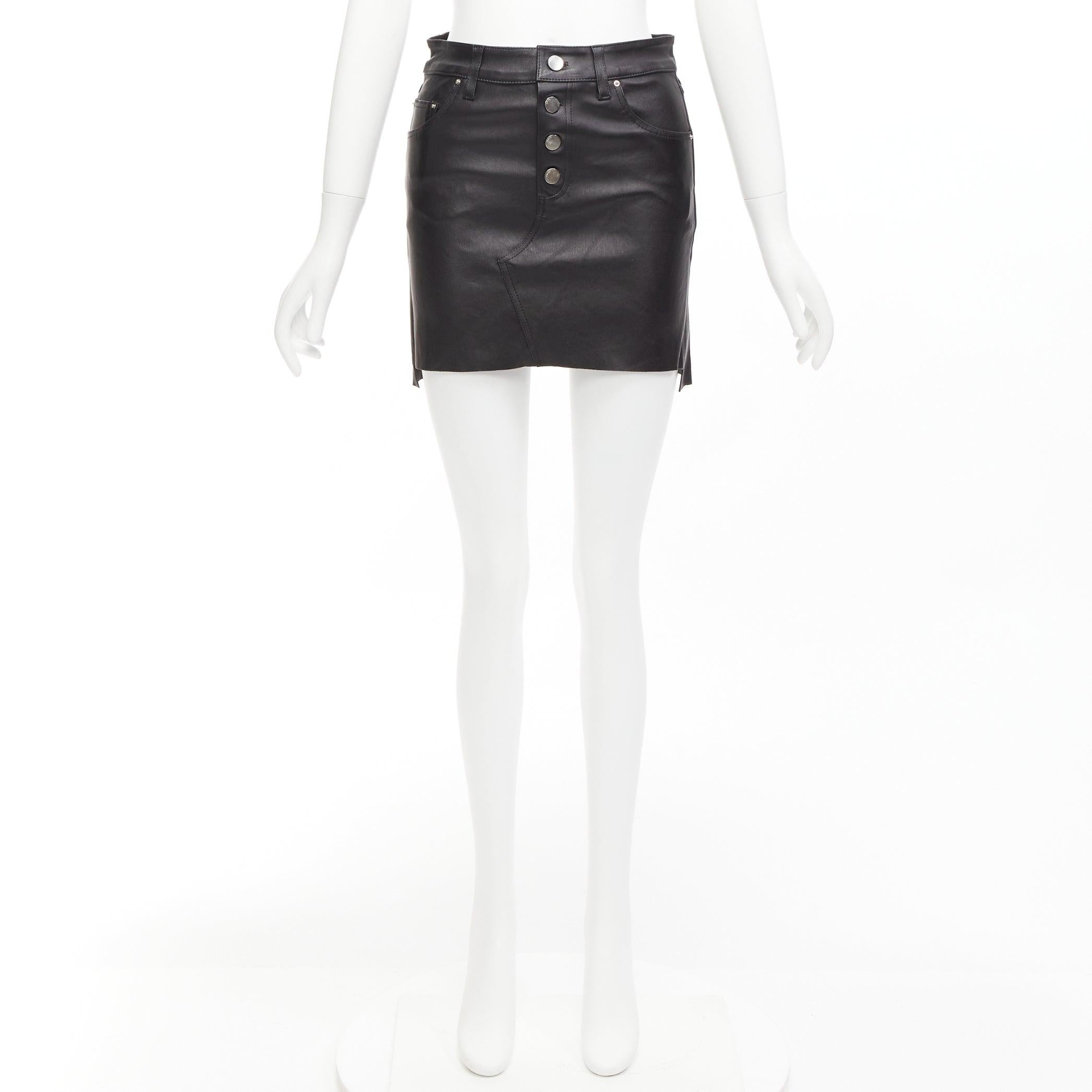 AMIRI black genuine leather high low back pockets mini skirt US0 XS For Sale 4