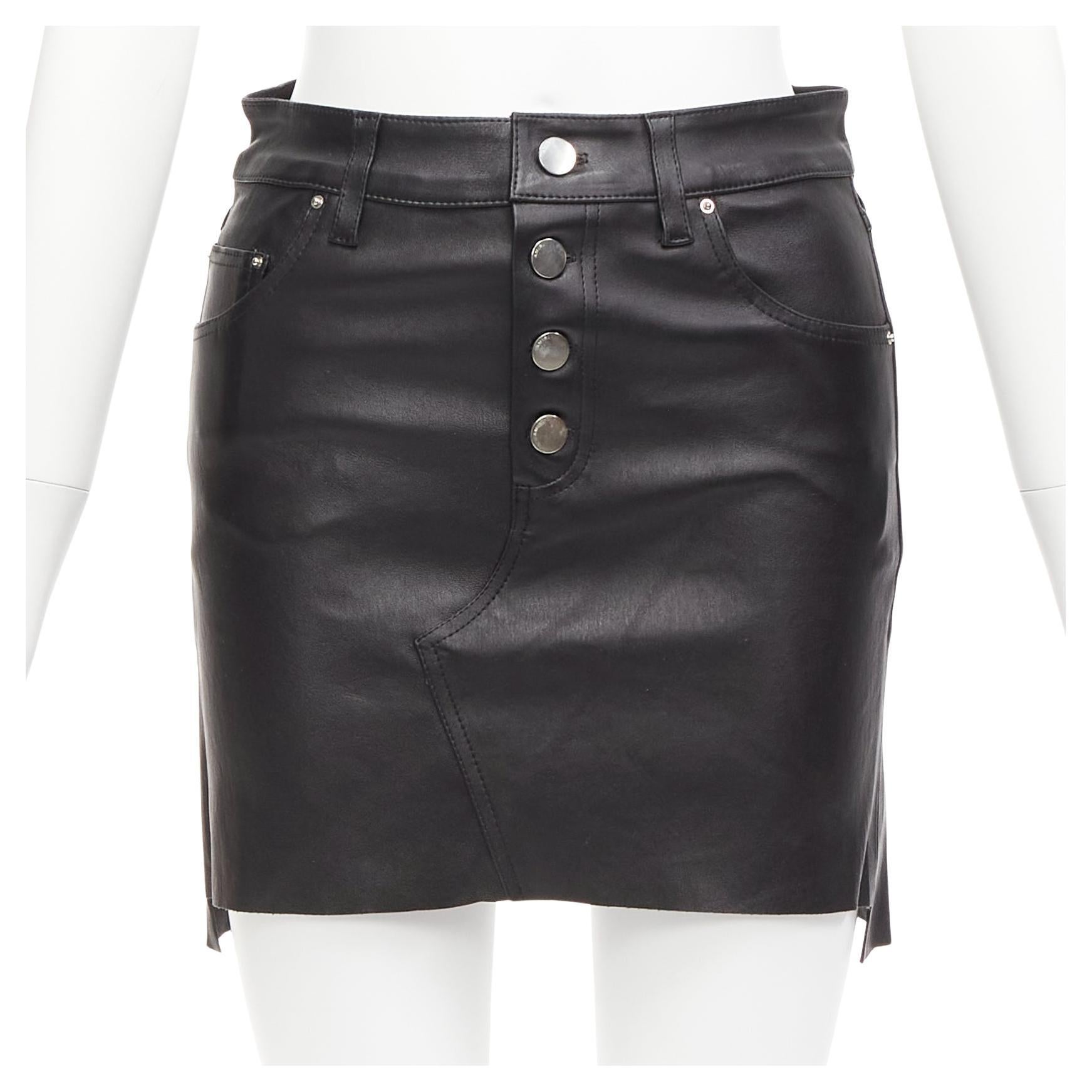 AMIRI black genuine leather high low back pockets mini skirt US0 XS For Sale