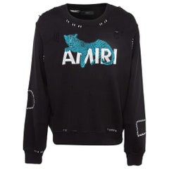 Amiri Black Logo Leopard Embroidered Knit Distressed Sweatshirt M
