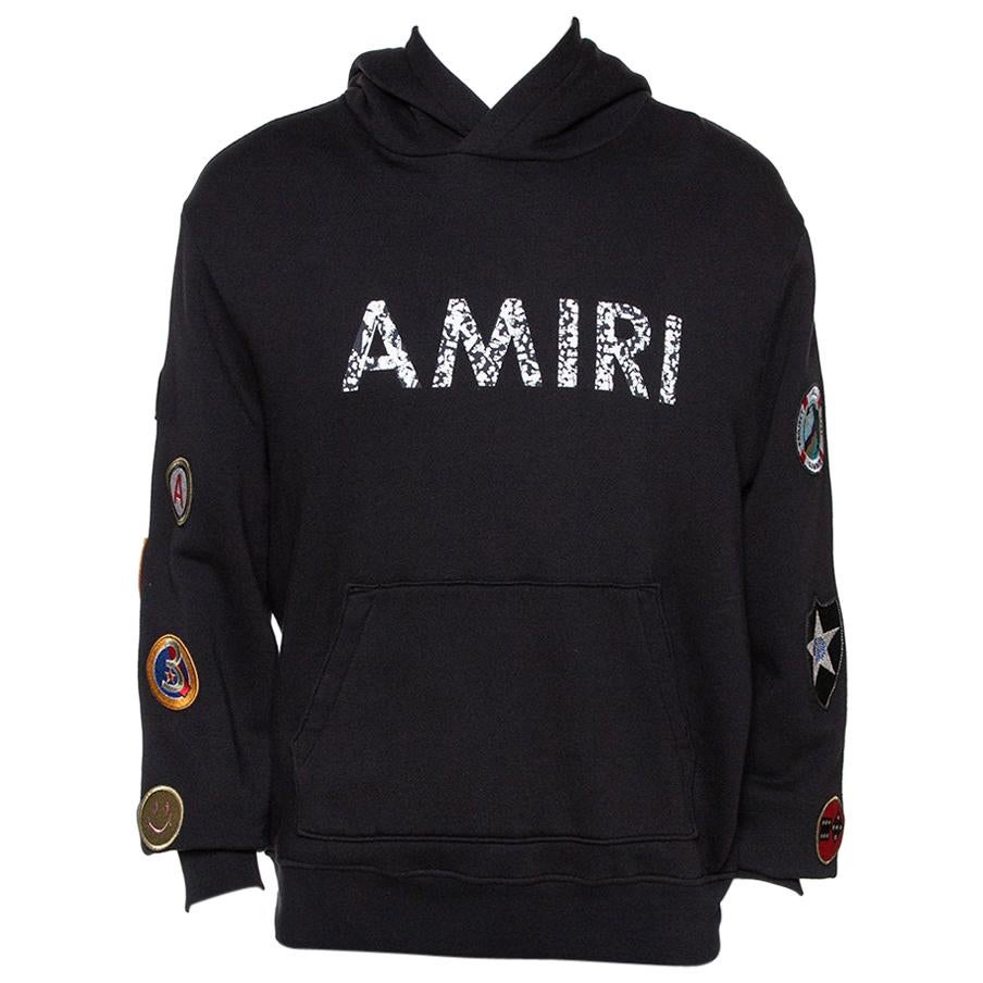 Amiri Black Logo Print Cotton Mix Patch Hooded Sweatshirt M