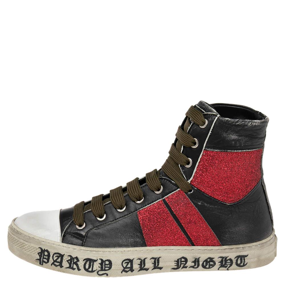 Amiri Black/Red Glitter And Leather Sunset Lace High Top Sneakers Size 42 In Fair Condition For Sale In Dubai, Al Qouz 2