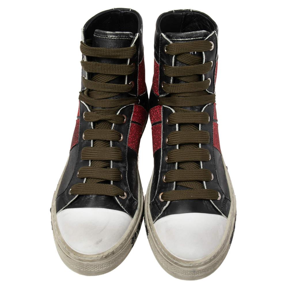 Men's Amiri Black/Red Glitter And Leather Sunset Lace High Top Sneakers Size 42 For Sale