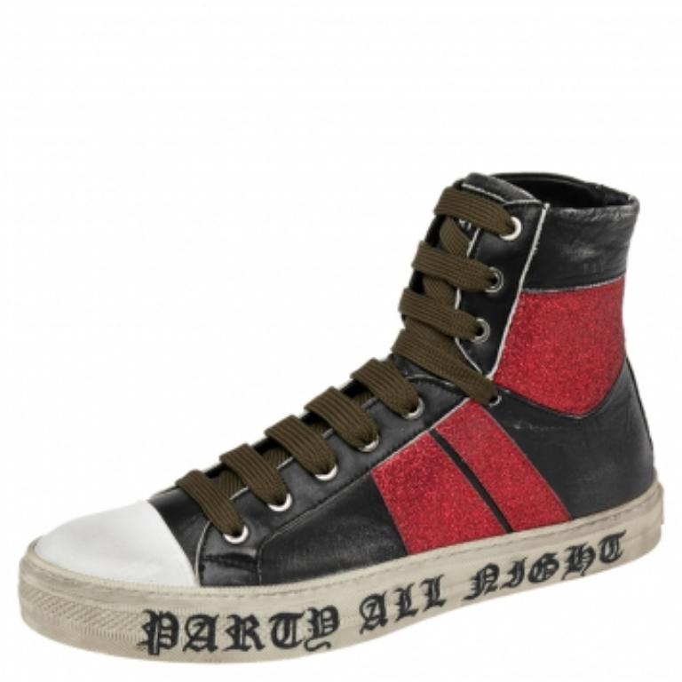 Amiri Schwarz/Rote Glitter- und Leder-Sonnenschliff-Sneakers mit Spitze Größe 42 im Angebot 3