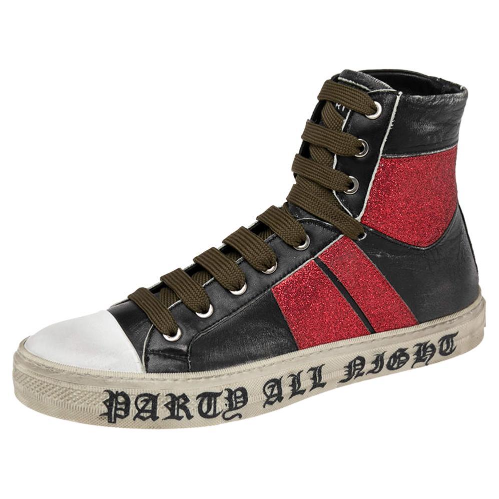 Amiri Black/Red Glitter And Leather Sunset Lace High Top Sneakers Size 42 For Sale
