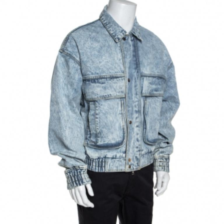 Amiri Blau Acid Washed Denim Zip Front Bomber Jacke S im Angebot 1