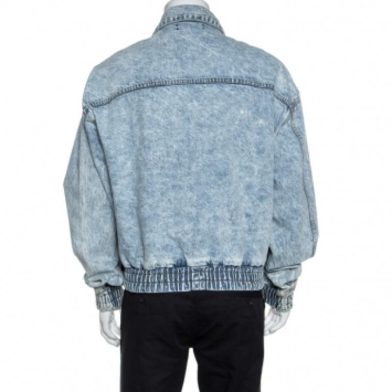 Amiri Blau Acid Washed Denim Zip Front Bomber Jacke S im Angebot 2