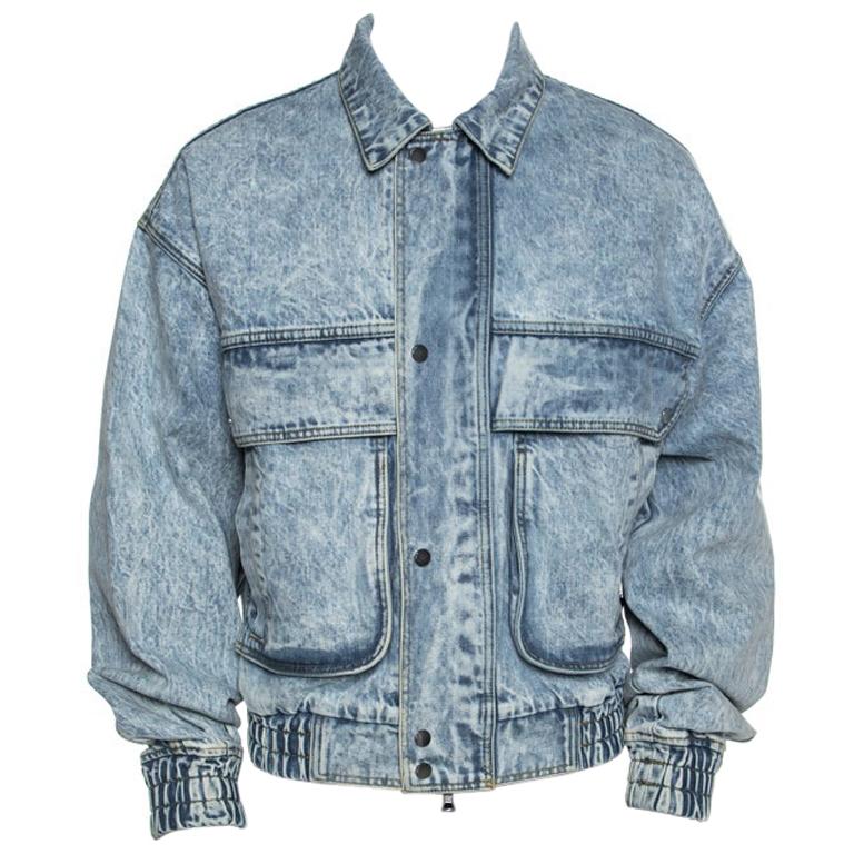 Amiri Blue Acid Washed Denim Zip Front Bomber Jacket S