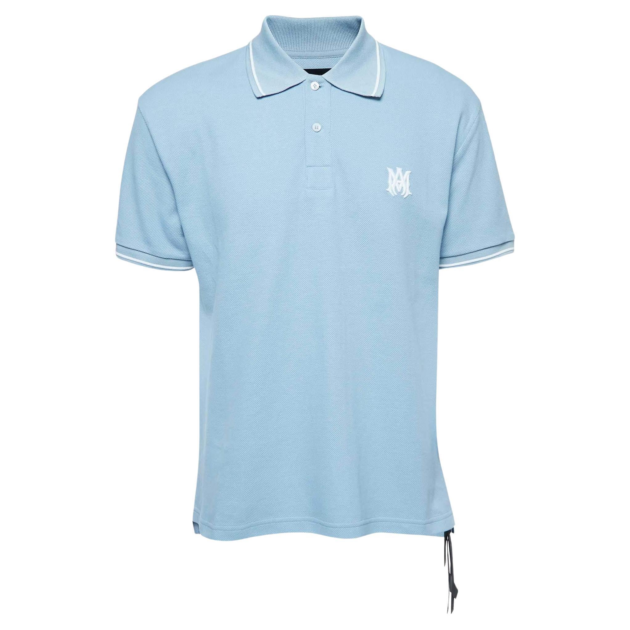 Amiri Blue Cotton Pique Logo Polo T-Shirt M. M. en vente