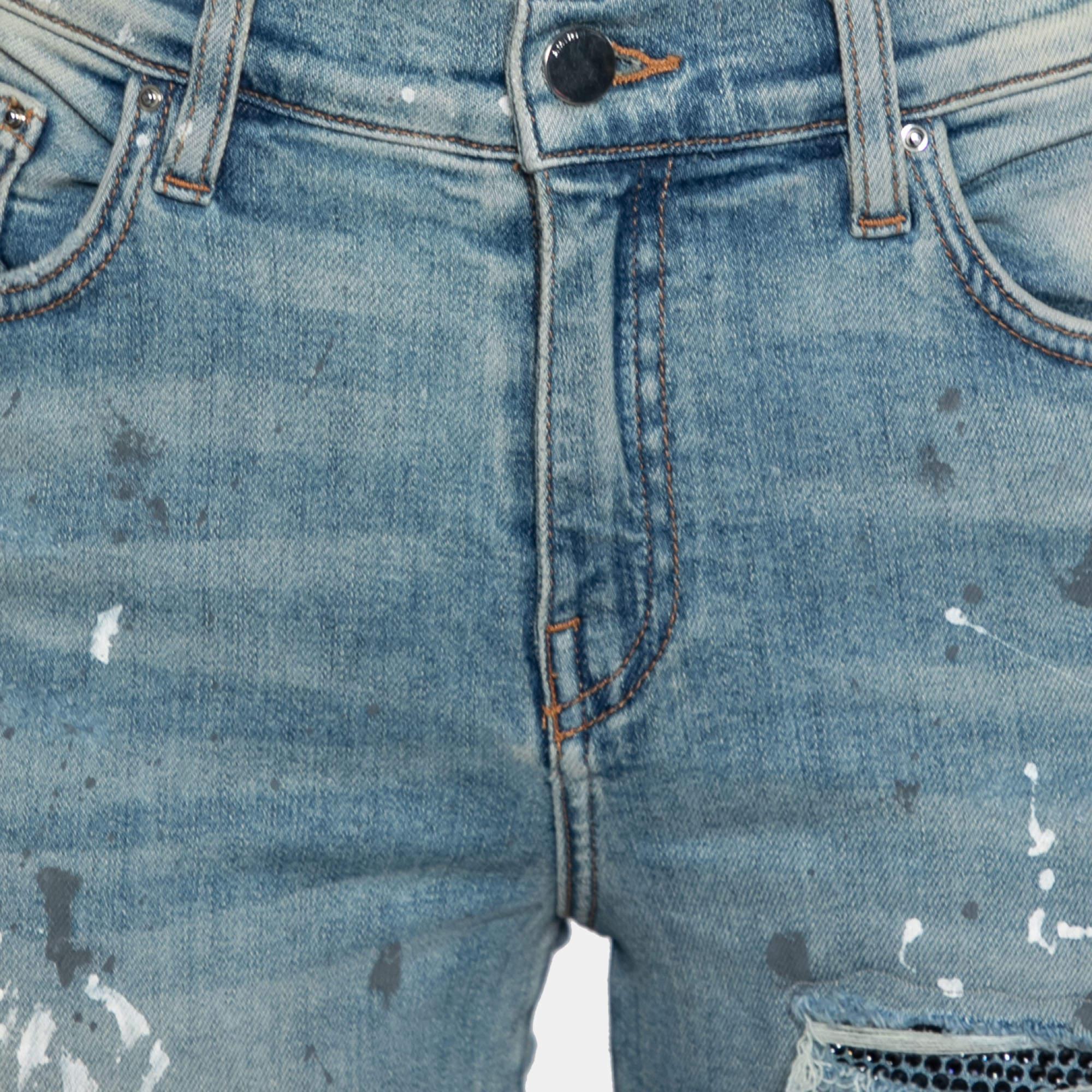 Grigio Amiri Jeans Skinny Blu Denim Distressed Crystal Embellished Inset Detail M. I. in vendita