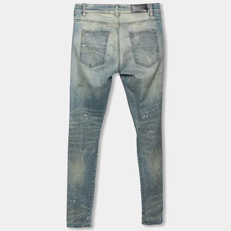Amiri Blue Distressed Denim Patch Applique Detailed Slim Fit Jeans M For  Sale at 1stDibs
