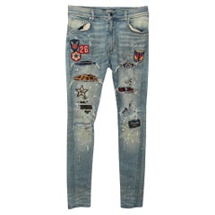Amiri Blue Distressed Denim Patch Applique Detailed Slim Fit Jeans M