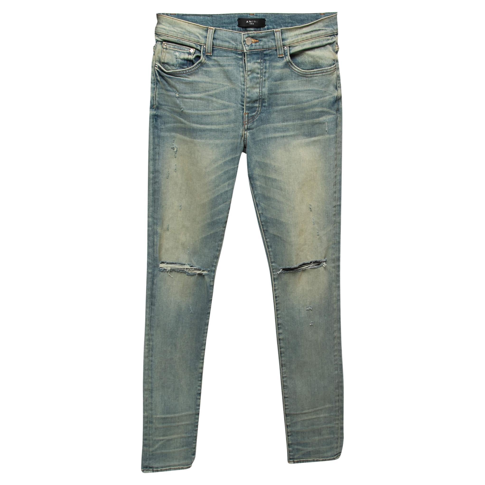 Amiri Blue Distressed Denim Skinny Jeans M Waist 32" For Sale