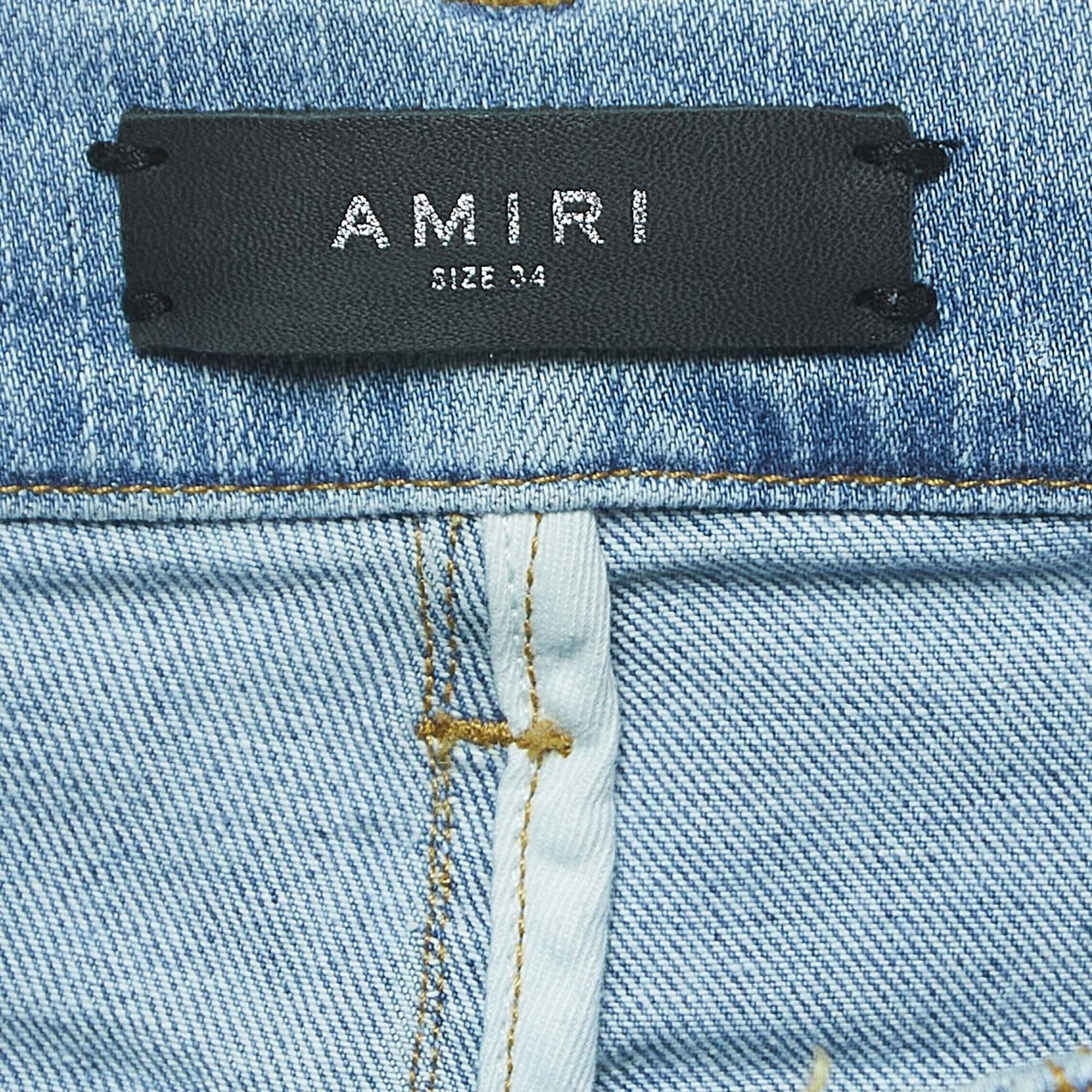 Amiri Blue Paint Splattered Denim Ribbed Jeans L Waist 34'' In Excellent Condition For Sale In Dubai, Al Qouz 2