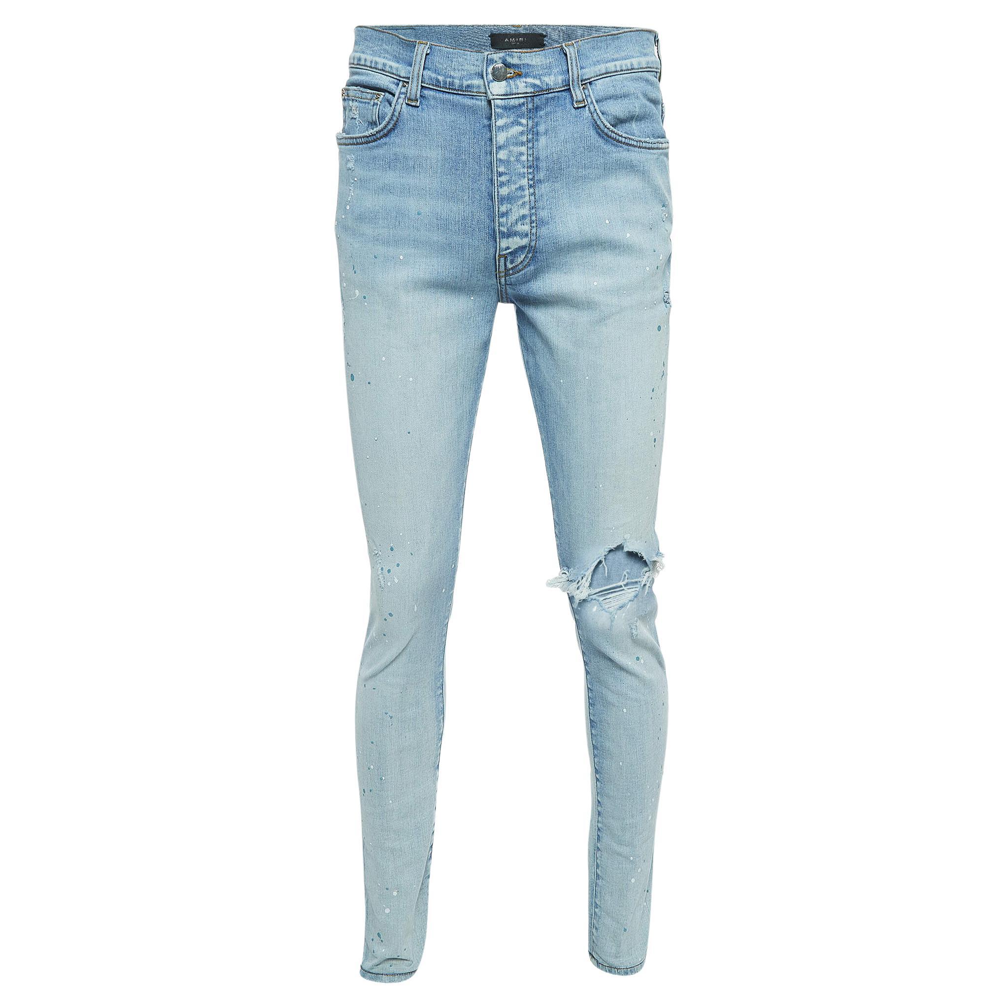 Amiri Blue Paint Splattered Denim Ribbed Jeans L Waist 34'' (taille 34'') en vente