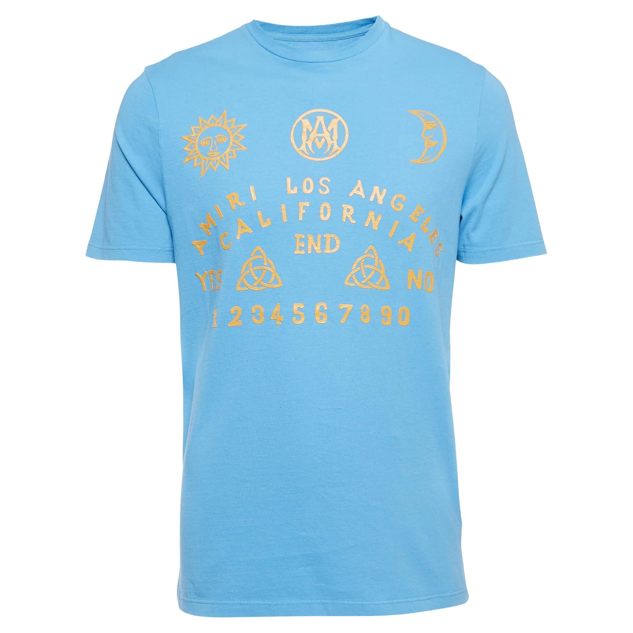 Amiri Blaues halbärmeliges T-Shirt aus Baumwolle mit Druck L im Angebot