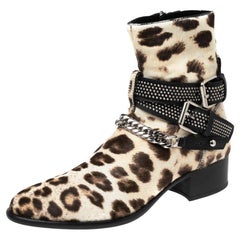 Amiri Brown/Cream Leopard Print Calf Hair Moto Chain Leo Ankle Boots Size 40