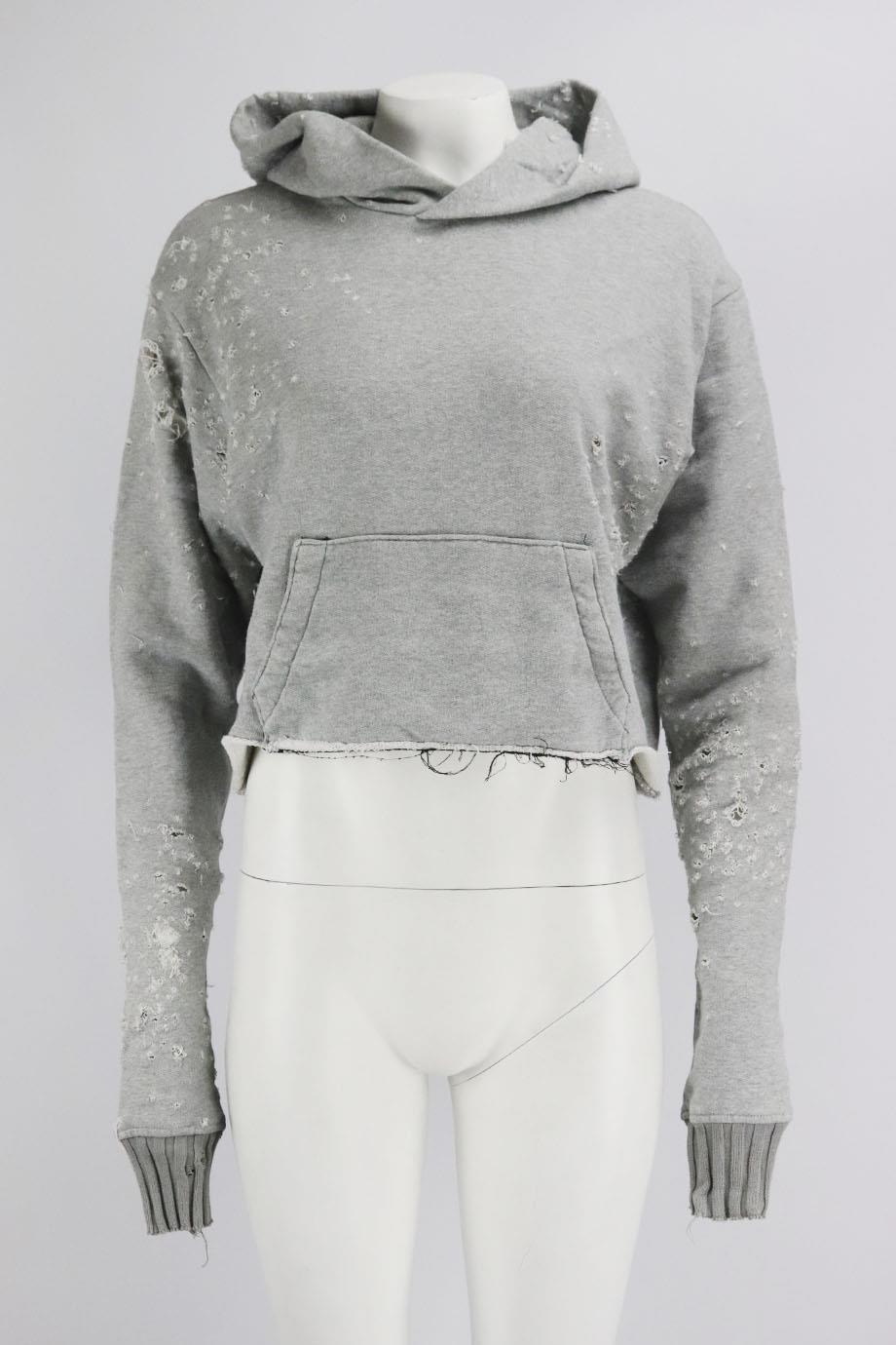 Amiri cropped distressed cotton and cashmere blend hoodie. Grey. Long sleeve, crewneck. Slips on. 100% Cotton; fabric2: 90% Cotton, 10% Cashmere. Size: Small (UK 8, US 4, FR 36, IT 40). Bust 45 in. Waist: 44 in. Hips: 44 in. Length: 17 in Very good