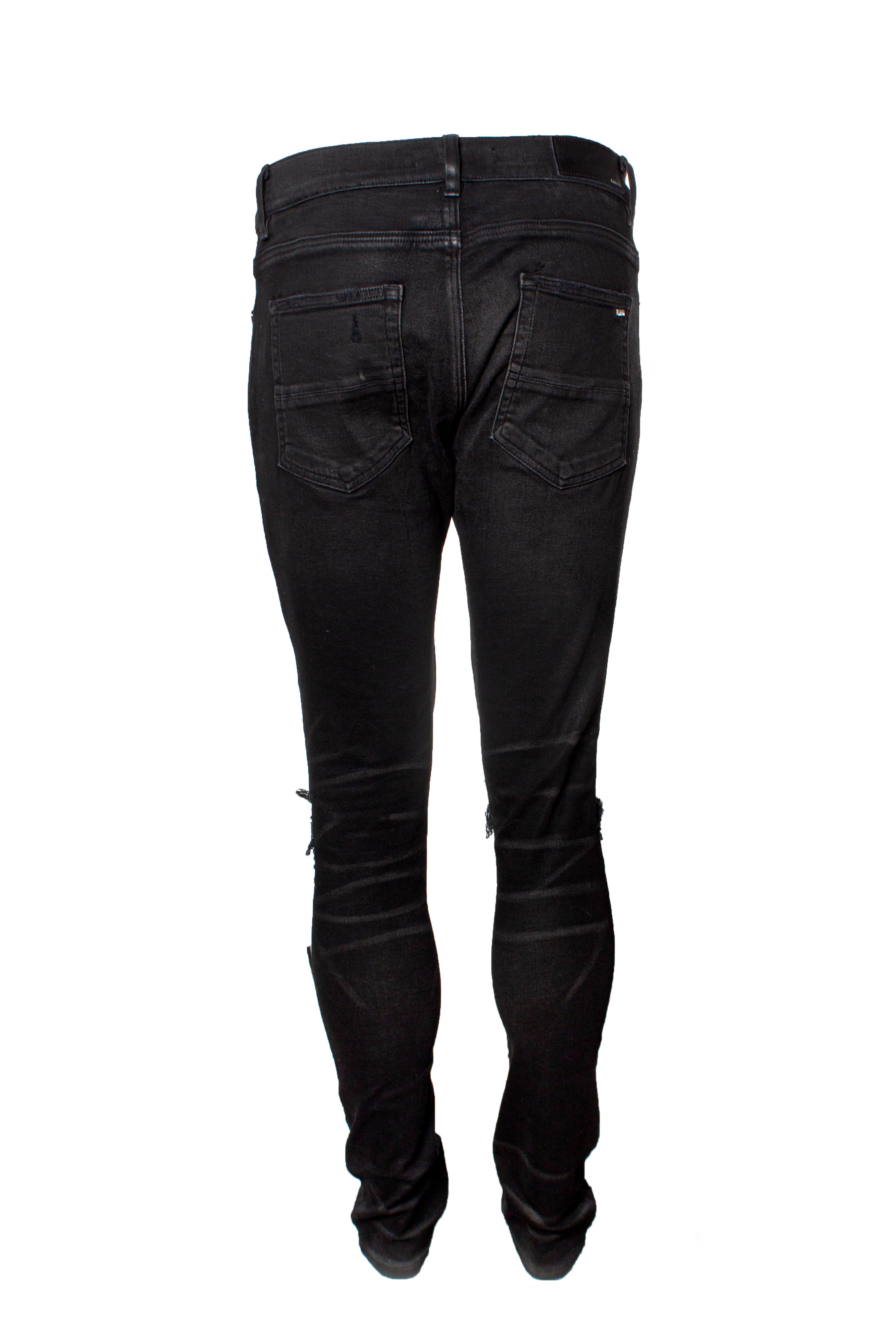 Black Amiri, Distressed faded black biker jeans For Sale