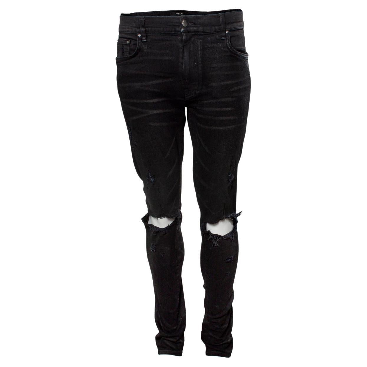 Amiri, Distressed faded black biker jeans For Sale