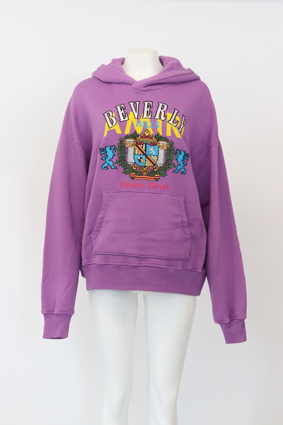 Amiri Embroidered Cotton Jersey Hoodie. Purple. Long Sleeve. Crewneck. Slips on. 100% Cotton. Medium (UK 10, US 6, FR 38, IT 42). Bust: 55.6 in. Waist: 53.2 in. Hips: 44.4 in. Length: 24.1 in. Condition: Used. Very good condition - Light signs of
