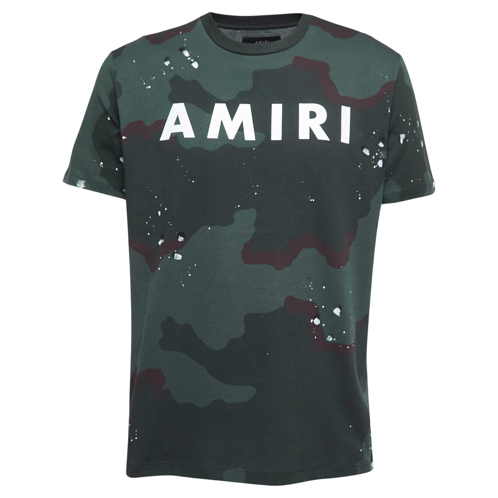 Amiri Green Camouflage Print Logo T-Shirt L en vente