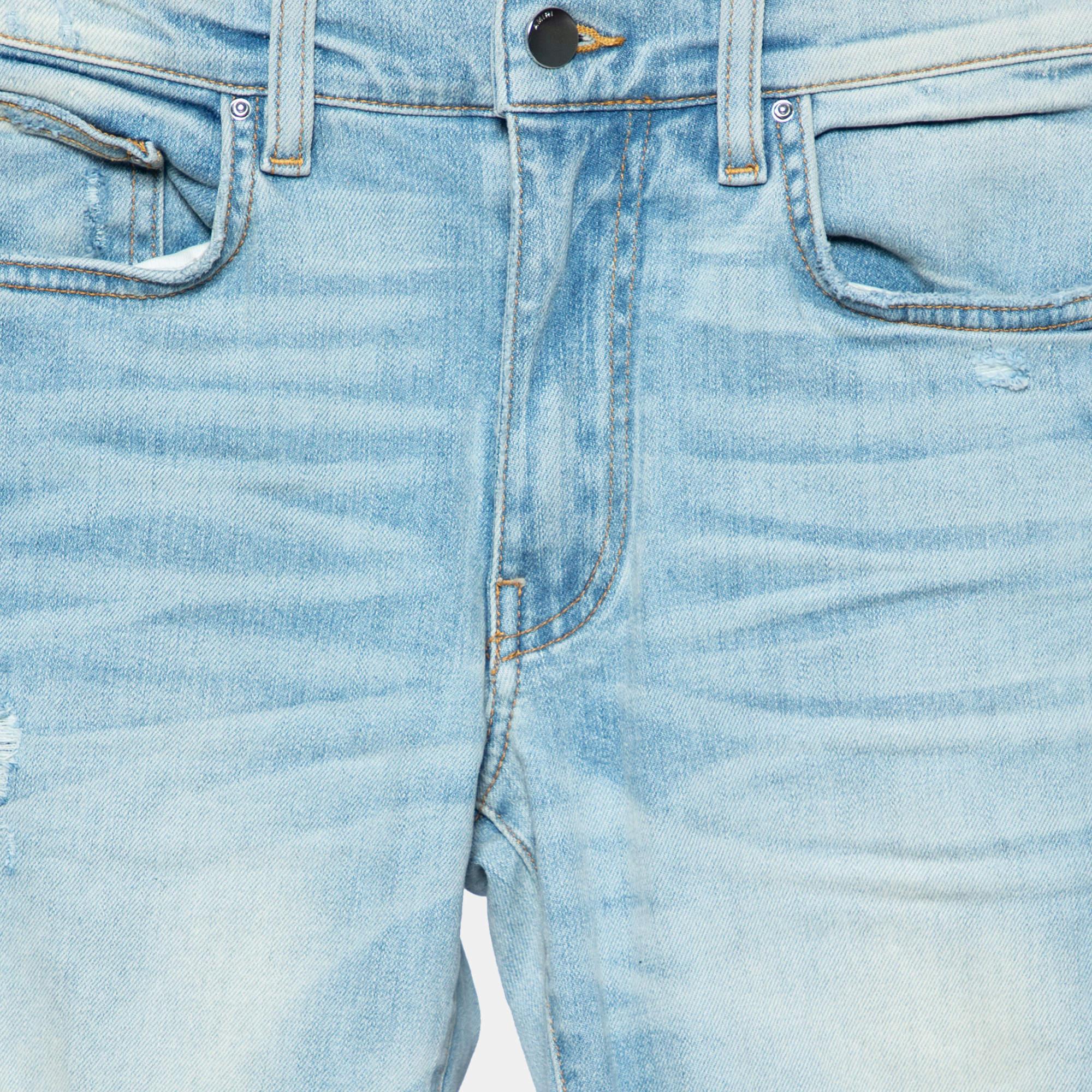 Blue Amiri Indigo Light Wash Denim Distressed Skinny Jeans XS For Sale