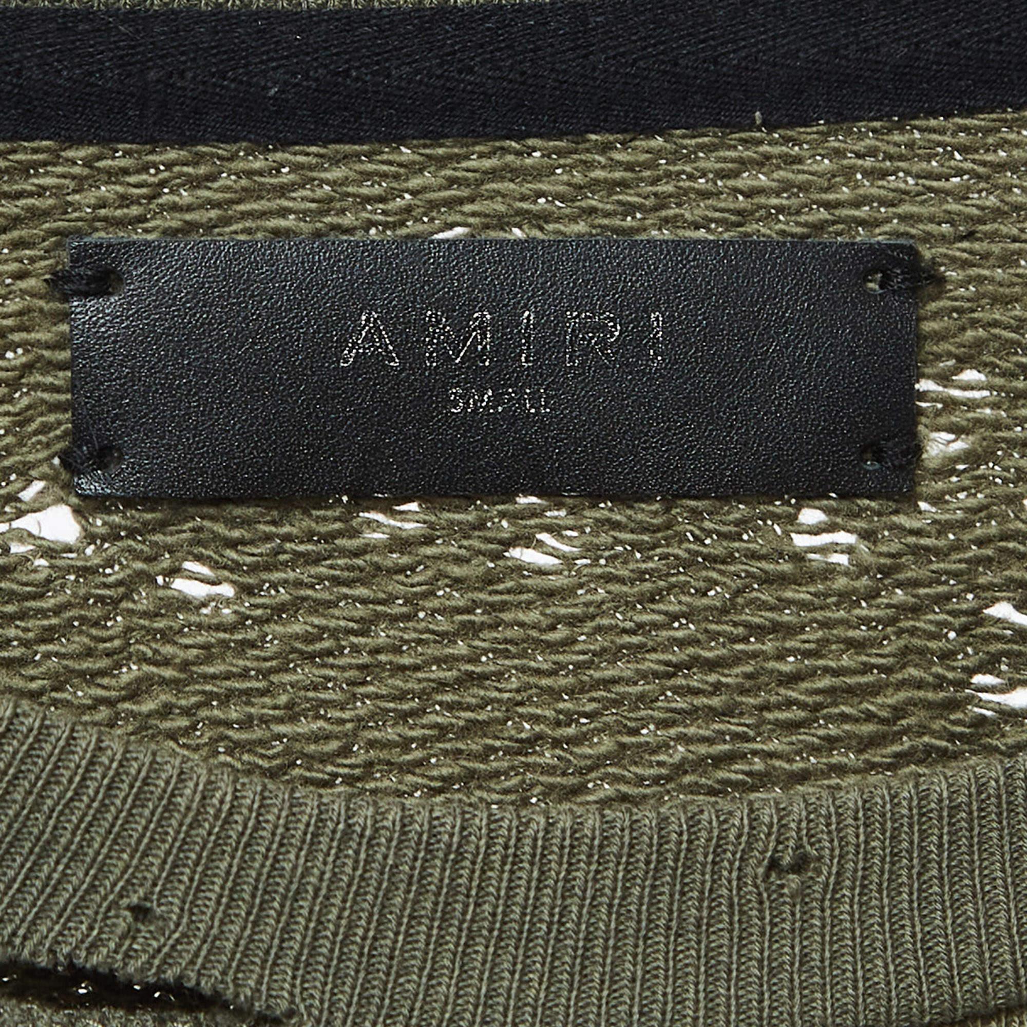 Amiri Military Green Logo Print Distressed Cotton Sweatshirt S In Good Condition For Sale In Dubai, Al Qouz 2