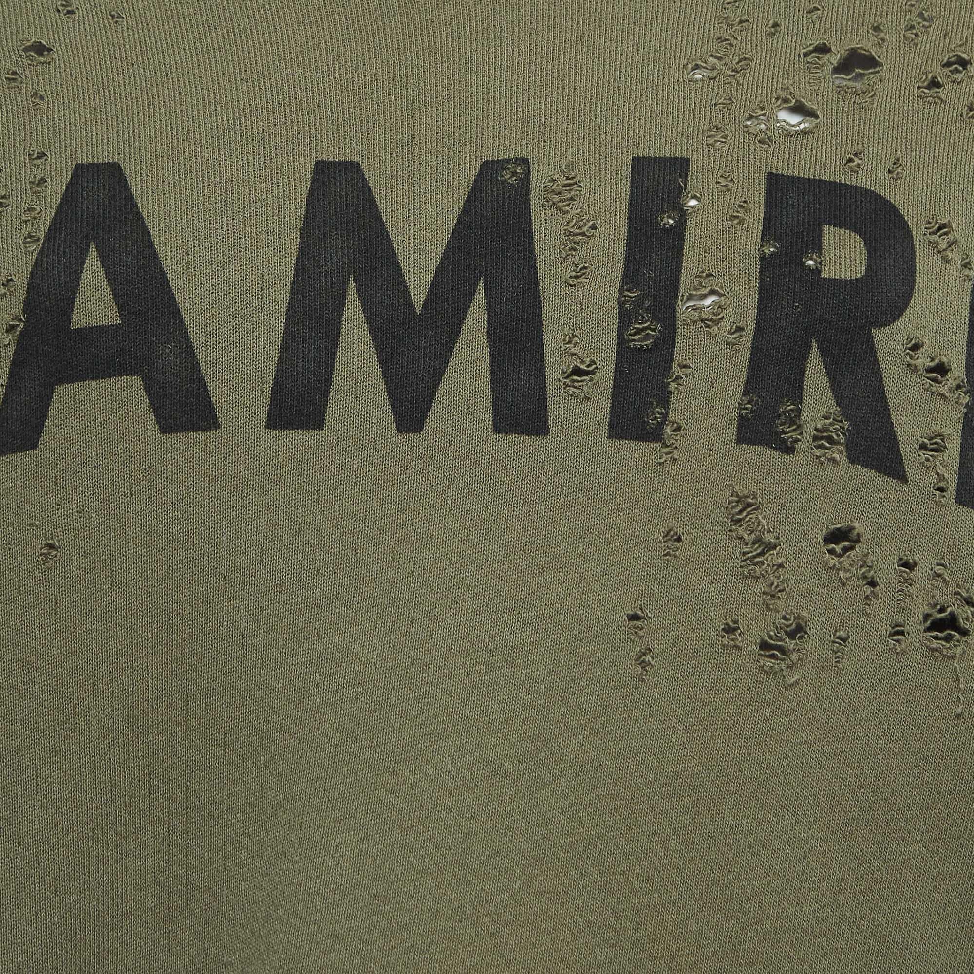 Amiri Sweat-shirt en coton vieilli à imprimé logo vert militaire S en vente 1