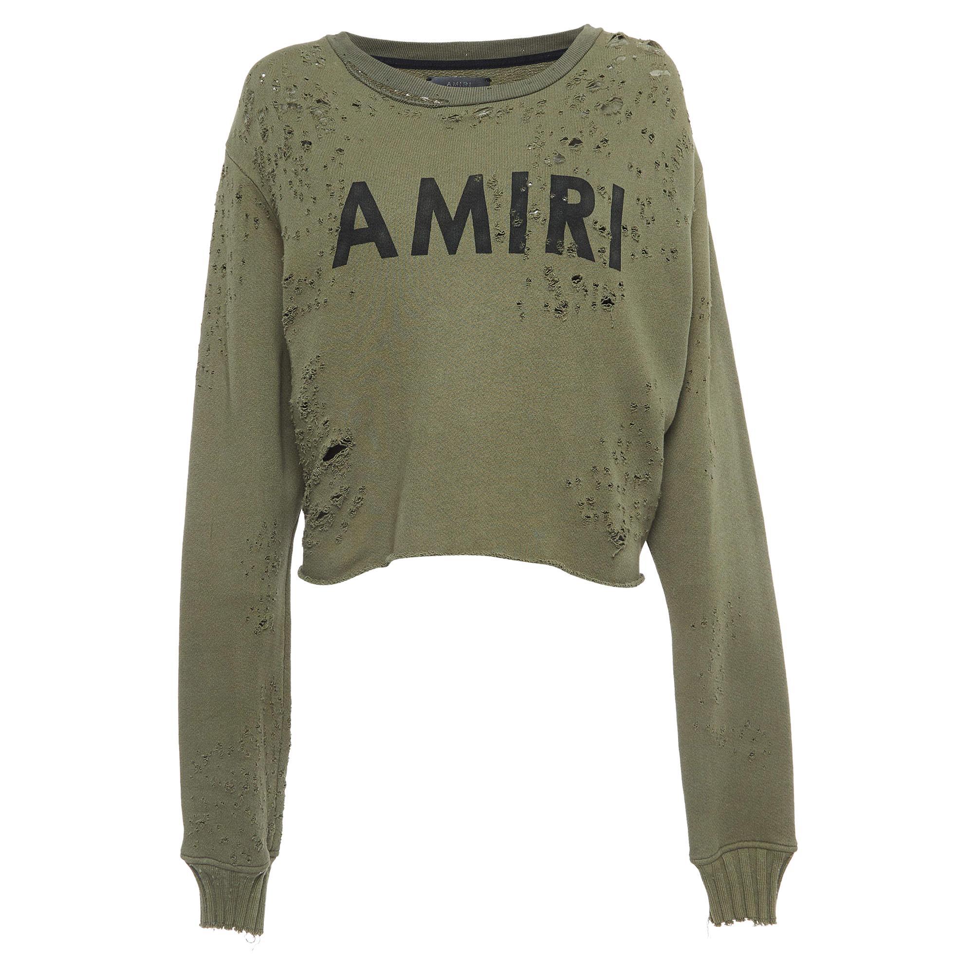 Amiri Sweat-shirt en coton vieilli à imprimé logo vert militaire S en vente