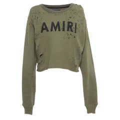 Used Amiri Military Green Logo Print Distressed Cotton Sweatshirt S