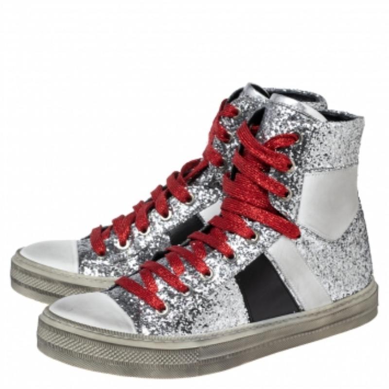 Gray Amiri Multicolor Glitter And Leather High Top Sneakers Size 40 For Sale