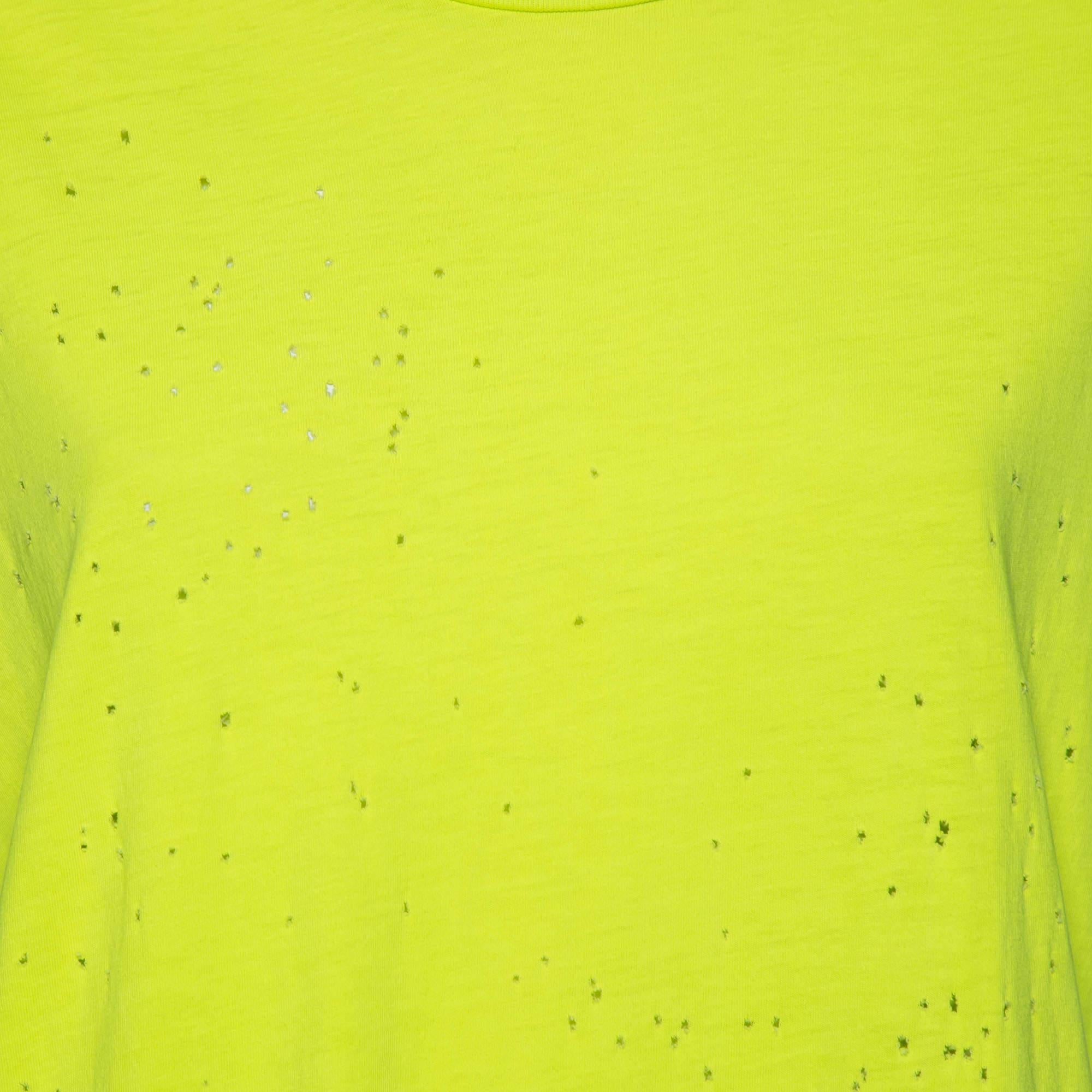 Yellow Amiri Neon Green Cotton Distressed Finish Crew Neck Short Sleeve Top S For Sale