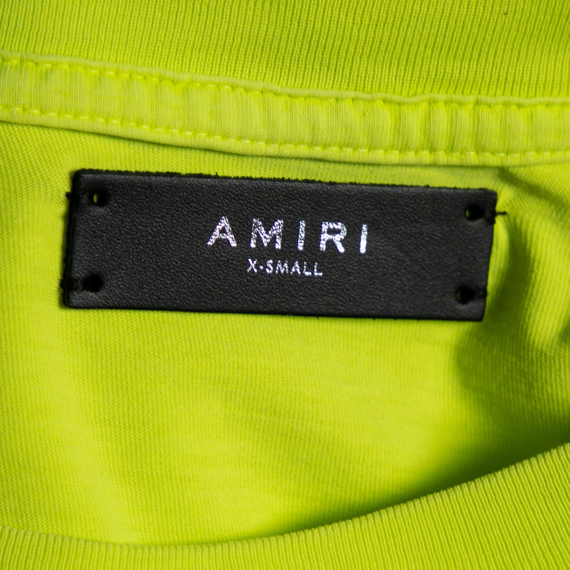 Amiri Neon Green Cotton Distressed Finish Crew Neck Short Sleeve Top S In Good Condition For Sale In Dubai, Al Qouz 2