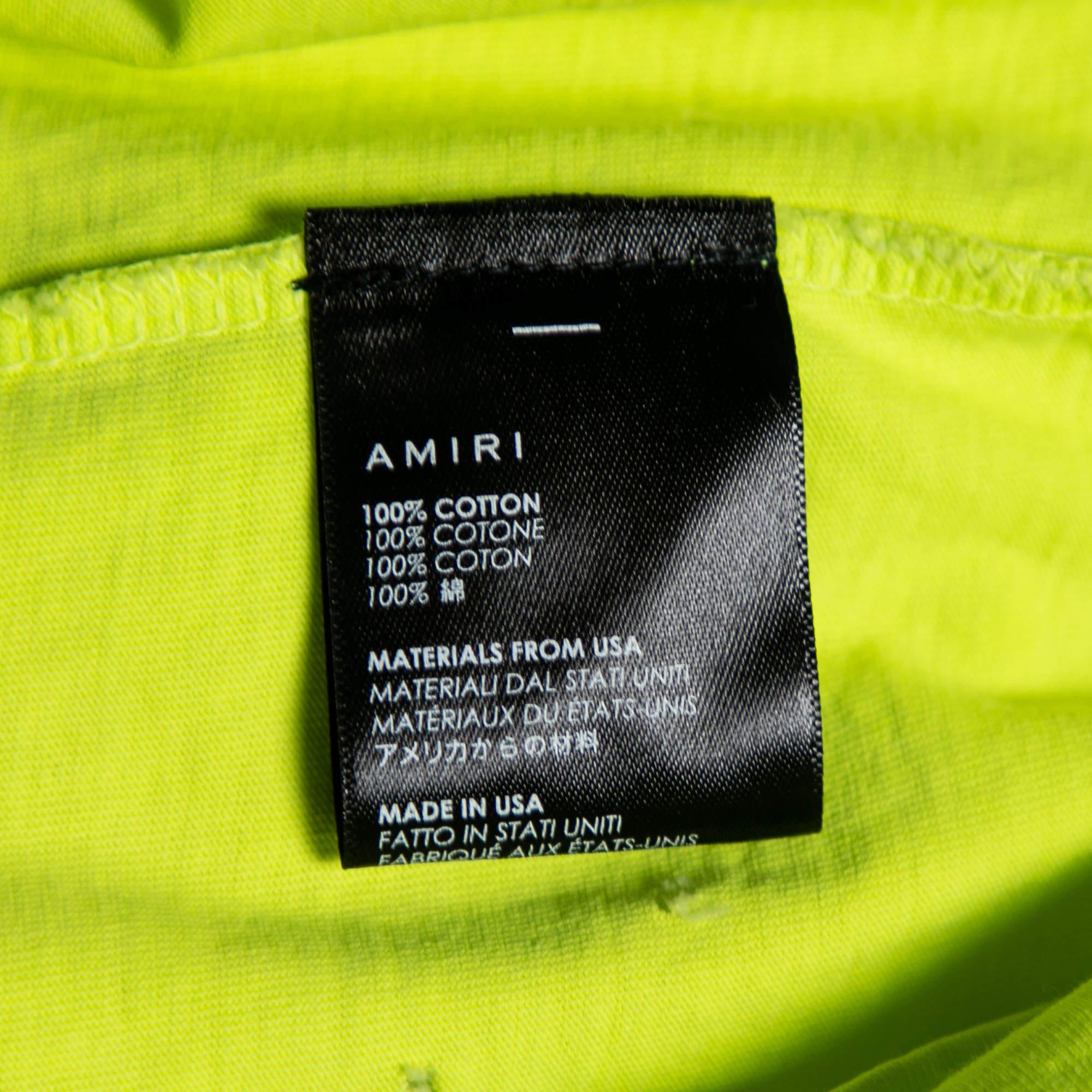 Women's Amiri Neon Green Cotton Distressed Finish Crew Neck Short Sleeve Top S For Sale