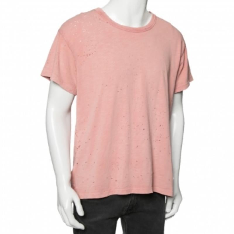 Camiseta de manga corta de cuello redondo de algodón lavado rosa Amiri S Beige en venta