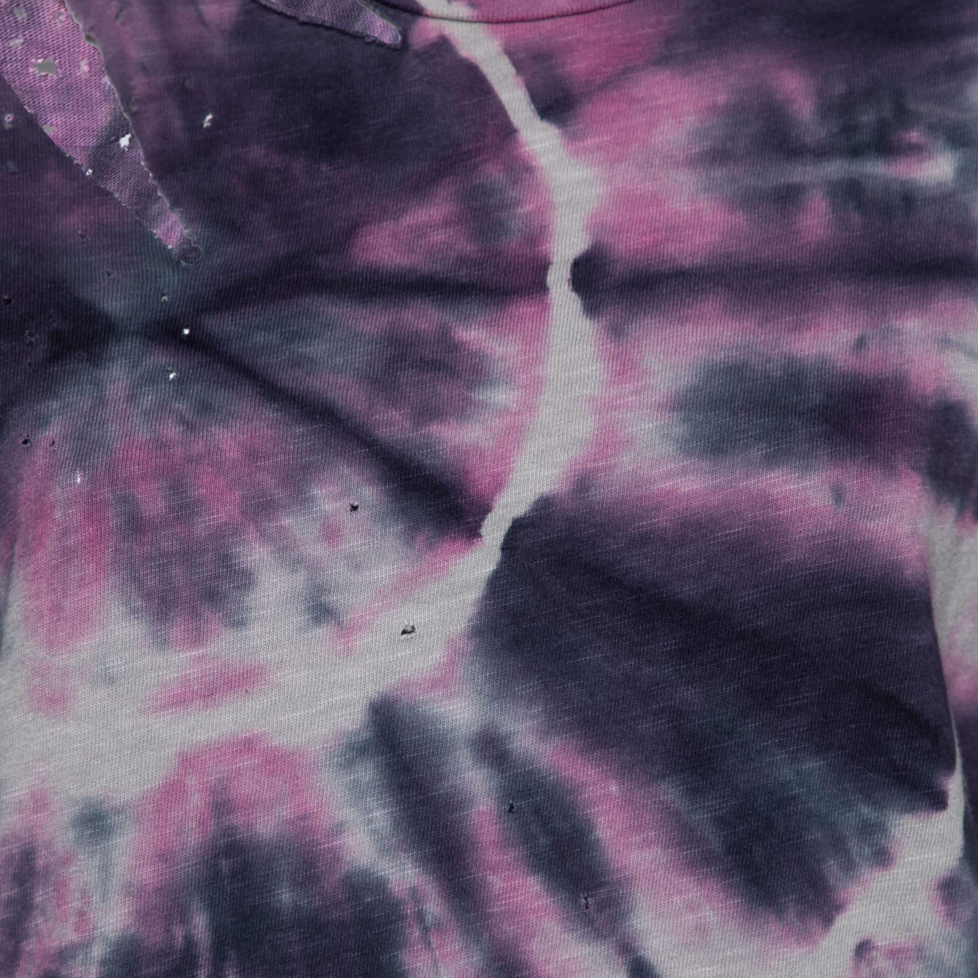 Gray Amiri Purple Tie Dye Printed Cotton Distressed Crew Neck Top L For Sale