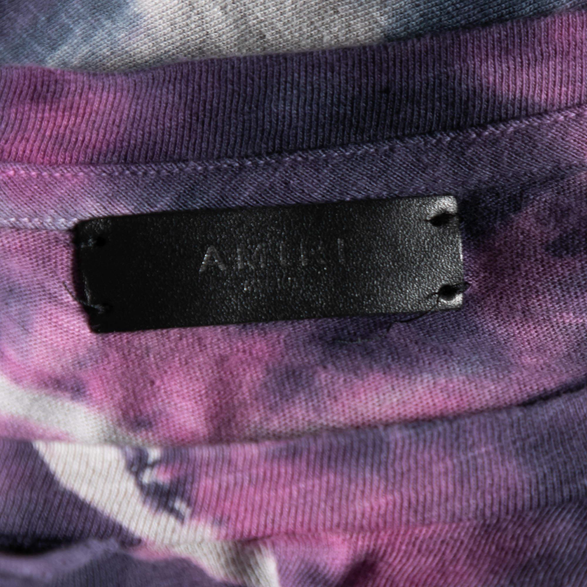 Amiri Purple Tie Dye Printed Cotton Distressed Crew Neck Top L In Good Condition For Sale In Dubai, Al Qouz 2