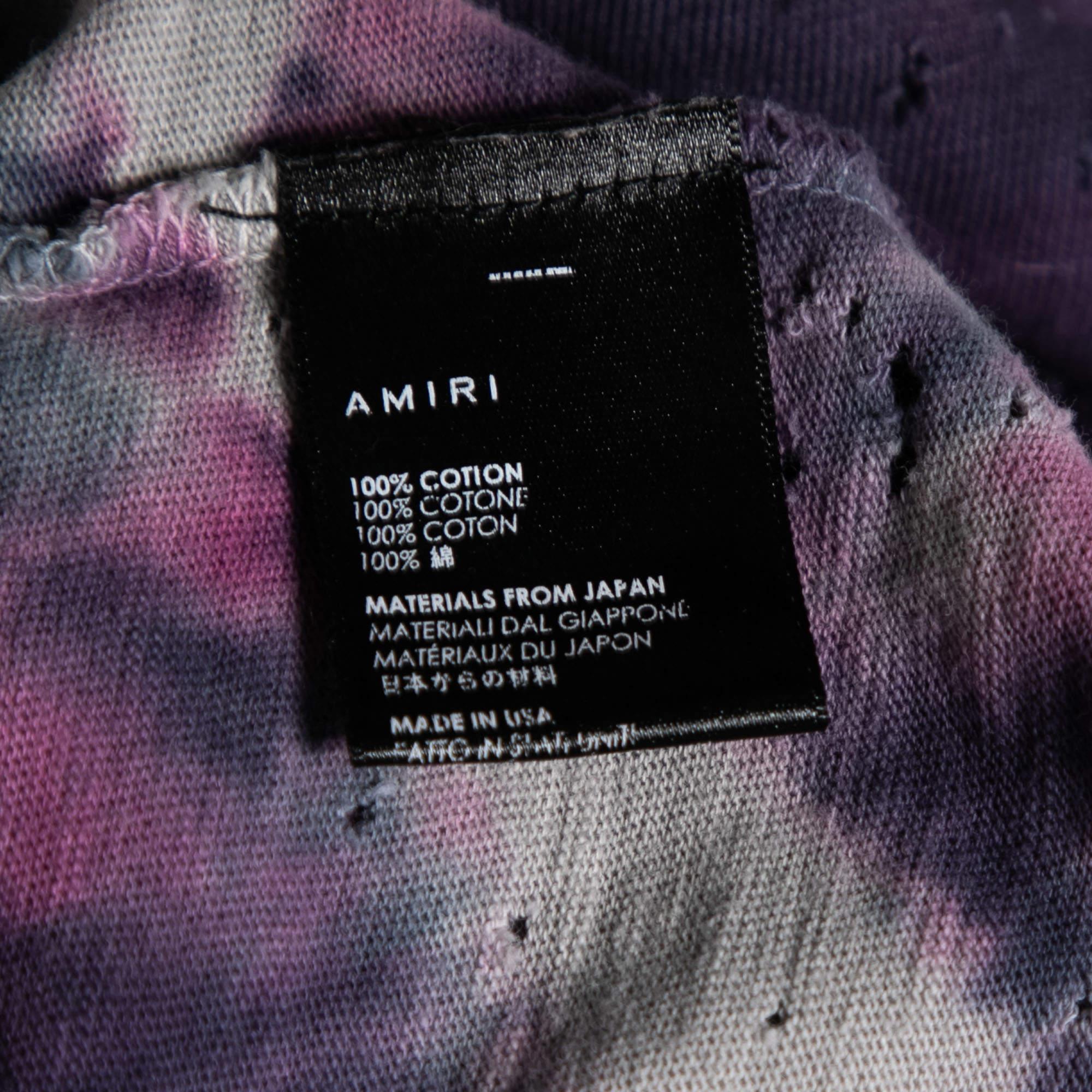 Women's Amiri Purple Tie Dye Printed Cotton Distressed Crew Neck Top L For Sale