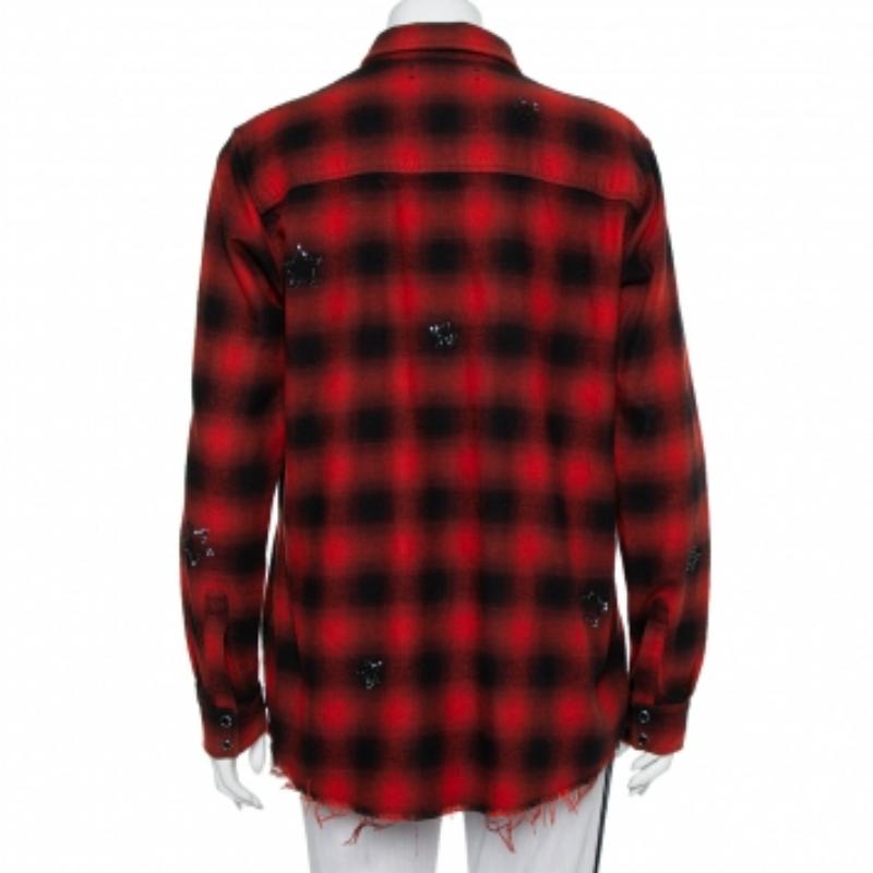 Amiri Red & Black Plaided Flannel Crystal Star Embellished Frayed Hem Shirt S In Excellent Condition For Sale In Dubai, Al Qouz 2
