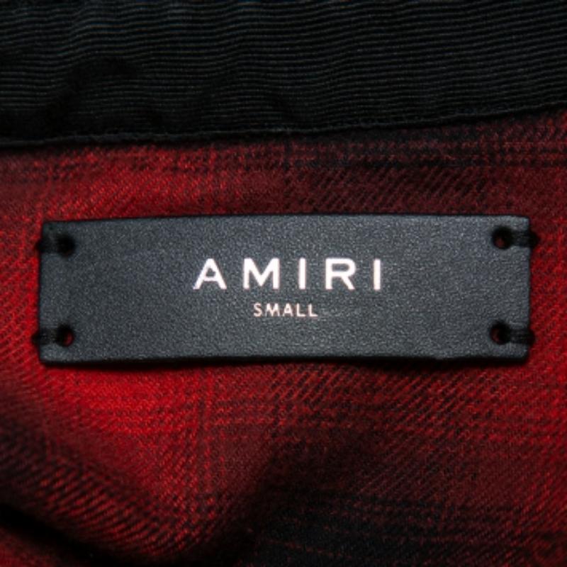 Women's Amiri Red & Black Plaided Flannel Crystal Star Embellished Frayed Hem Shirt S For Sale