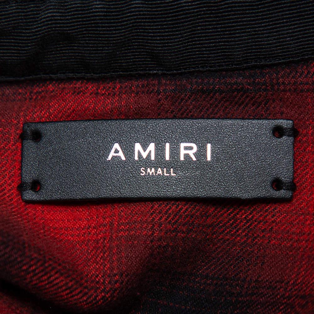 Women's Amiri Red & Black Plaided Flannel Crystal Star Embellished Frayed Hem Shirt S For Sale