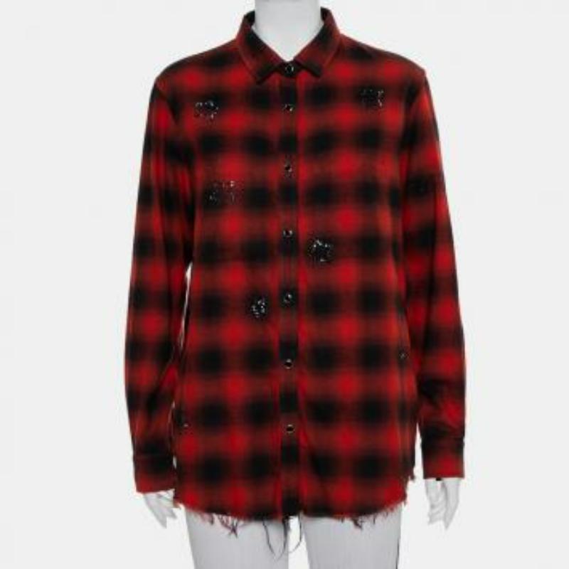 Amiri Red & Black Plaided Flannel Crystal Star Embellished Frayed Hem Shirt S For Sale 2
