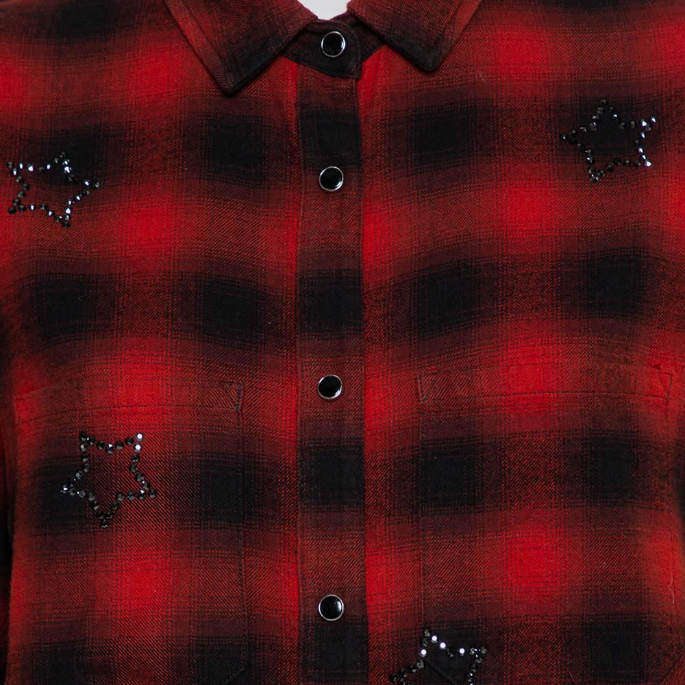 Amiri Red & Black Plaided Flannel Crystal Star Embellished Frayed Hem Shirt S For Sale 1