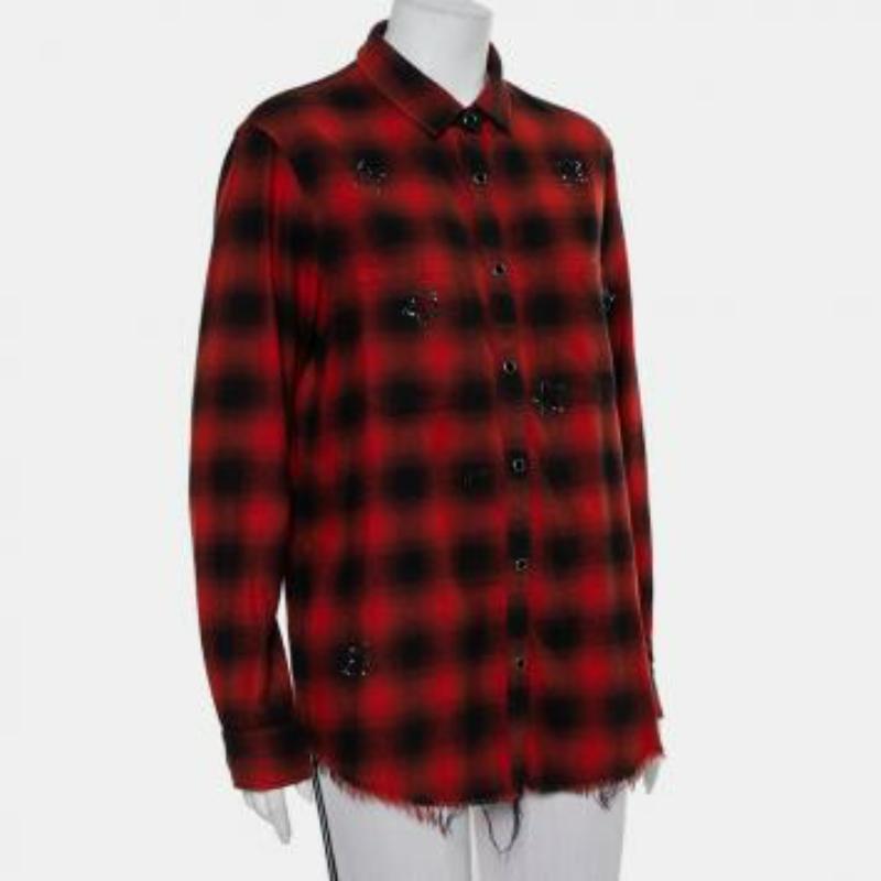 Amiri Red & Black Plaided Flannel Crystal Star Embellished Frayed Hem Shirt S For Sale 4