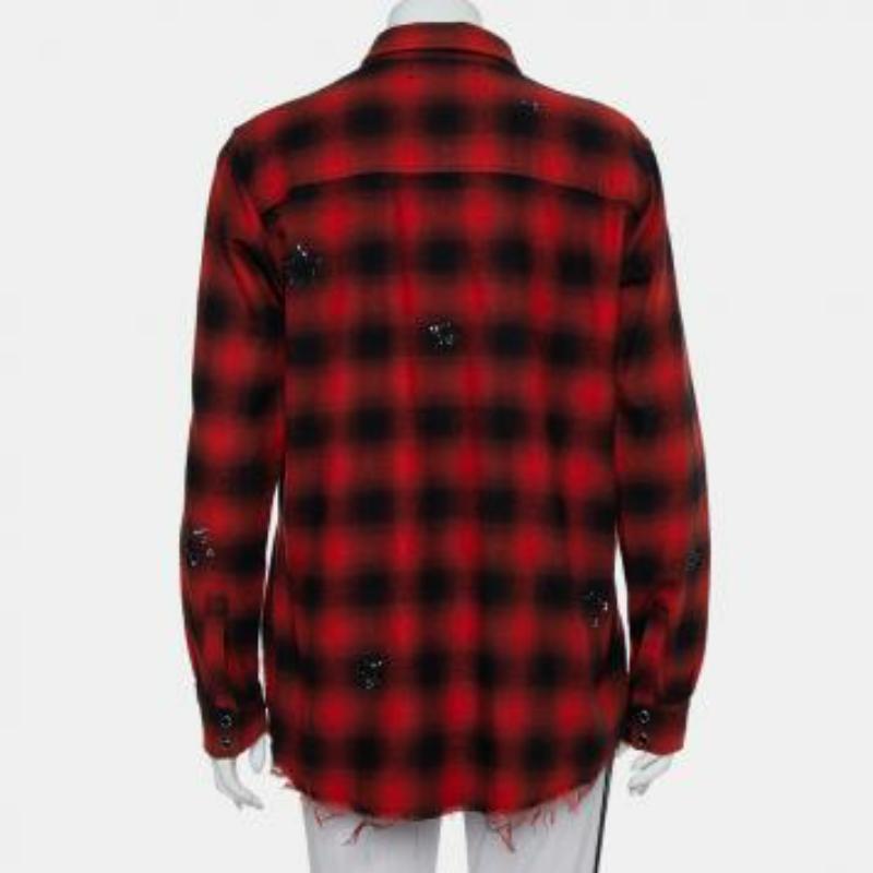 Amiri Red & Black Plaided Flannel Crystal Star Embellished Frayed Hem Shirt S For Sale 5