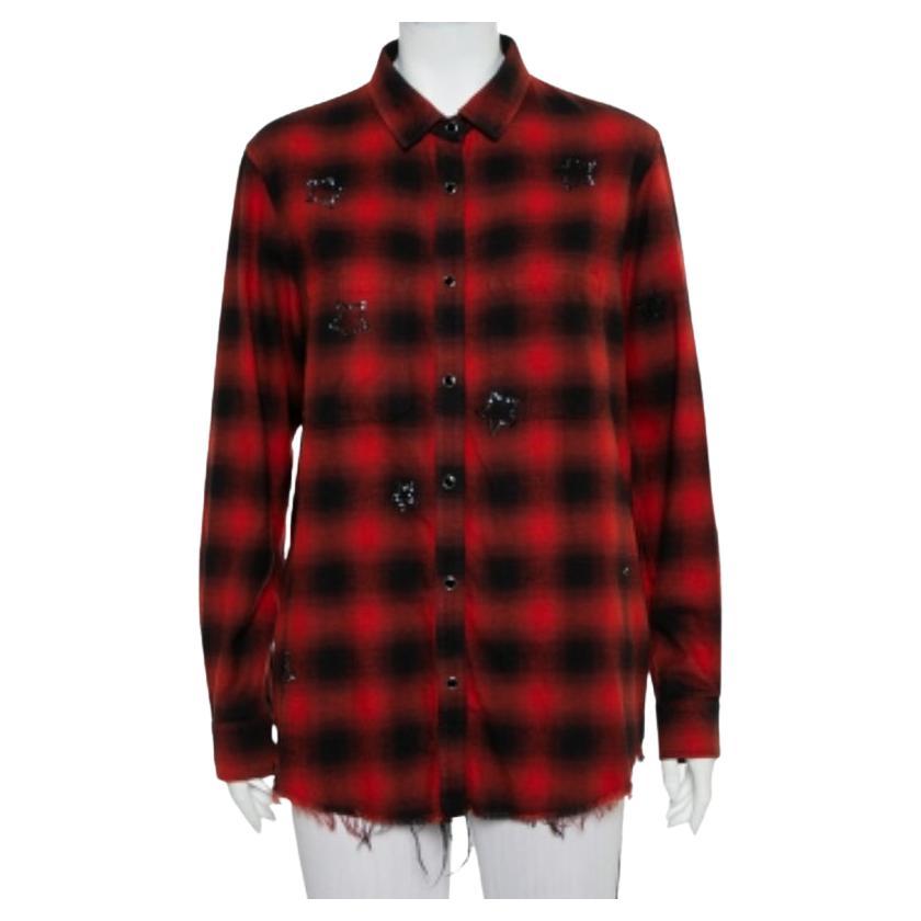 Amiri Red & Black Plaided Flannel Crystal Star Embellished Frayed Hem Shirt S For Sale