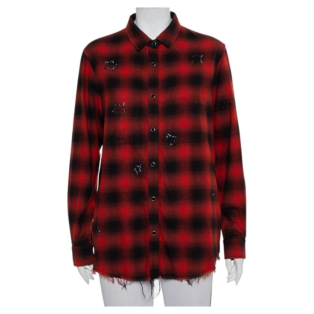 Amiri Red & Black Plaided Flannel Crystal Star Embellished Frayed Hem Shirt S For Sale